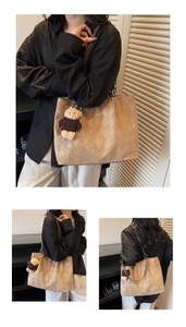 Detail shots of khaki quilted tote bag with cute teddy bear charm and soft matte finish