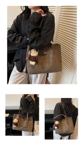 Detail of brown quilted tote bag with suede texture and cute plush bear charm