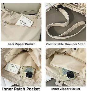 Detail view showing inner zipper pocket, strap, and storage compartments of the beige tote bag
