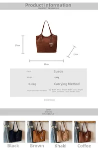 Spécifications détaillées du grand sac fourre-tout en daim avec dimensions et couleurs