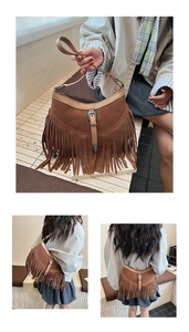 Vue détaillée d'un sac bohème en daim marron avec d'élégants accents de boucles en métal