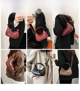 Detailed views of vintage Y2K crescent shoulder bags in multiple stylish colors