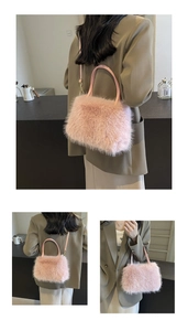 Detail showing plush pink faux fur texture and leather handle on a chic tote bag