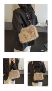 Three-angle view of fuzzy plush autumn handbag with golden metal hardware and leather straps