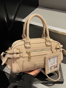Women Vintage PU Leather Boston Underarm Shoulder Bag Stylish Solid Color Handbag With Metal Buckles And Card Holder
