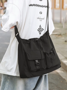 Large capacity black drawstring bucket bag with utility multi-pockets for urban commuting