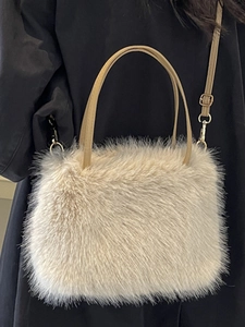Faux fur handbag for women, autumn plush tote bag with adjustable strap in cream white