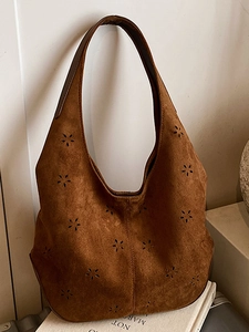 Vintage Laser Cut Floral Hollow Shoulder Bag For Women Large Capacity Faux Suede PU Leather Hobo Bucket Bag Daily Tote