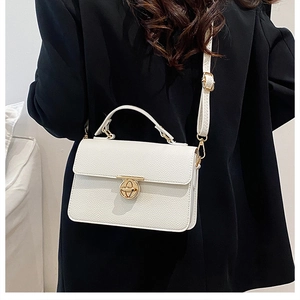 Close-up of white crossbody box bag with gold twist lock and pebble grain leather detail