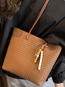 Vintage brown woven large tote bag with colorful beaded charm for women commuting