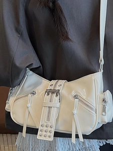 Vintage Y2K white patent leather underarm bag with decorative zippers and silver hardware