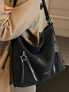 Fashionable black high-capacity tote bag with star zippers for women commute