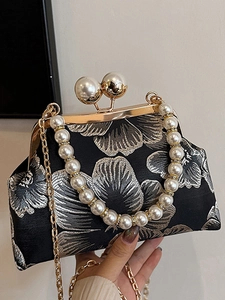Vintage Chinese Style Floral Jacquard Shoulder Bag Artificial Pearl Handle Metal Kiss Lock Evening Clutch Handbag For Women Banquet Party