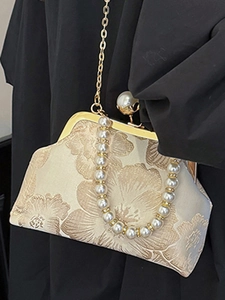 Elegant floral handbag in champagne gold with pearl strap for evening dress