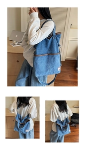 Detailed views of a large denim tote bag with brown leather trim in a home office setting