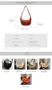 Detailed size chart and multi-color selection of the casual canvas dumpling bag