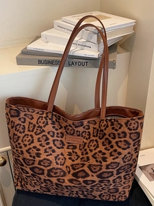 Large Capacity Leopard Print Tote Bag For Women Slouchy Faux Suede Shoulder Bag Fashion Casual Daily Commuting Handbag