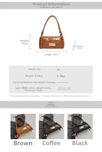Size chart showing 29x15x10cm dimensions for a minimalist vintage PU leather handbag