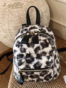 Fashion Women Mini Leopard Print Plush Backpack PU Faux Fur Small School Bag For Daily Travel Casual Autumn Winter Bookbag