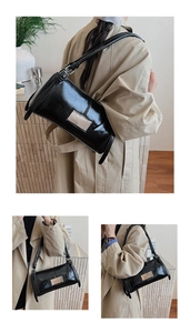 Three perspectives showing the black glossy patent leather shoulder bag on a model