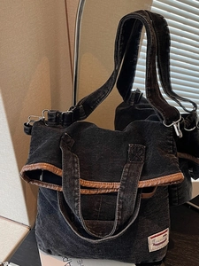 Women Large Capacity Denim Shoulder Bag Casual Canvas Tote Bag Artistic Vintage Crossbody Bag With Artificial Leather Trim