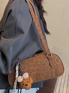 Vintage leopard print suede cylinder shoulder bag with cute teddy bear charm for women
