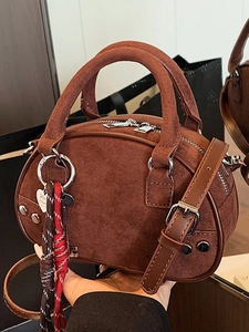 Women's Retro Suede Boston Bag Rivet Decor Mini Shoulder Crossbody Bag With Heart Pendant Urban Satchel Handbag
