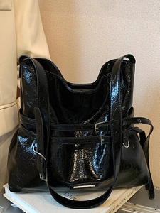 Women Large Capacity Glossy PU Leather Tote Bag Urban Simple Wrinkled Texture Shoulder Bag With Double Belt Buckle Decoration Daily Commute Fashion Handbag