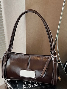 Retro dark brown glossy shoulder bag with silver plaque for autumn daily commute