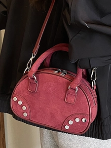 Burgundy faux suede handbag with silver rivets and dual zipper, Korean fashion style