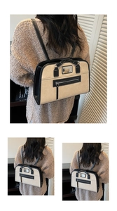 Detailed views of a beige and black dual-purpose backpack with leather trim and contrast stitching