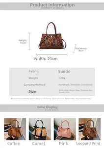 Size guide for bucket bag with suede fabric showing 23x16x8cm dimensions and strap details