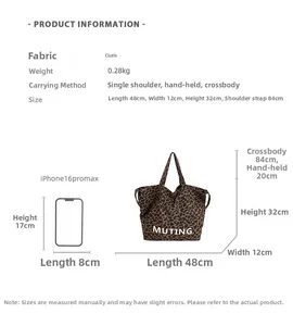 Leopard print canvas tote bag with MUTING logo showing dimensions for size reference