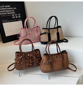 Detail showing four stylish bucket bags in pink, contrast black, leopard print, and brown suede
