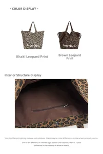Detailed view of leopard canvas tote bags showing interior zipper pocket and snap closure