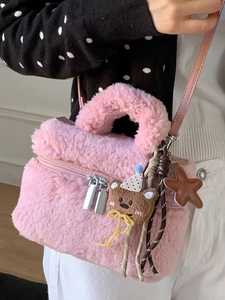 Elegante borsa a mano in peluche rosa da donna con ciondolo a orsetto e tracolla
