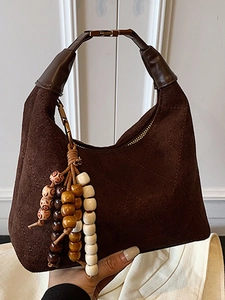 Women Quilted Suede Shoulder Bag Vintage Lattice Hobo Bag With Wooden Bead Charm Fashion Crossbody Bag For Everyday Travel