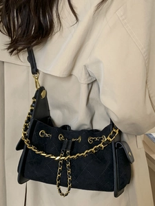 Retro black quilted suede crossbody bag with gold chain strap for women