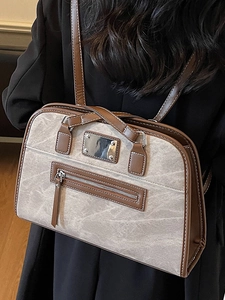 Minimalist grey and brown contrast shoulder bag with large capacity for women