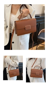 Detailed views of a brown pebbled leather crossbody bag with elegant gold metal buckle