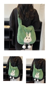 Detail of green plush hobo bag featuring a white rabbit design and soft faux fur texture