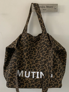 Women Large Capacity Leopard Print Canvas Tote Bag Muting Letter Printed Casual Shoulder Handbag Urban Commute Shopping Bag