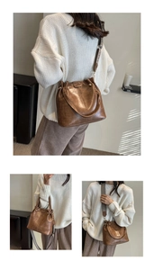 Three-way view of retro brown textured bucket bag with ethnic jacquard shoulder strap