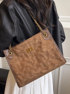 Vintage brown suede tote bag with diamond quilting and gold chain strap for women