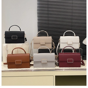 Detail showing various colors of fashion crossbody bags with metallic gold buckles