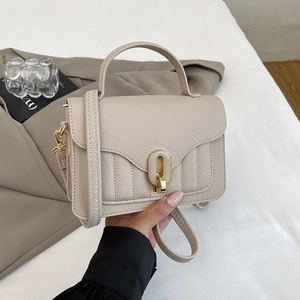 Close-up of beige lychee grain leather mini bag with resin and metal oval clasp lock