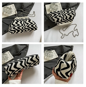 Detailed views of a knit crossbody bag with wavy stripes and silver metal frame closure