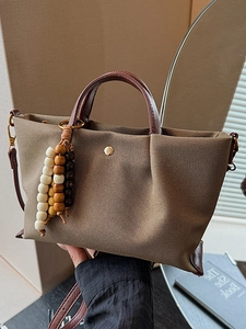 Women Pleated Canvas Shoulder Bag Stylish Minimalist Crossbody Small Square Bag With Wood Beads Patchwork Fashion Handbag