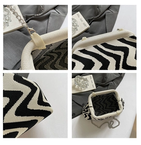Detailed close-up of knit zebra pattern texture and silver chain links on shell bag