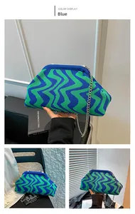 Detail of blue and green wavy knit bag with silver chain strap and magnetic closure